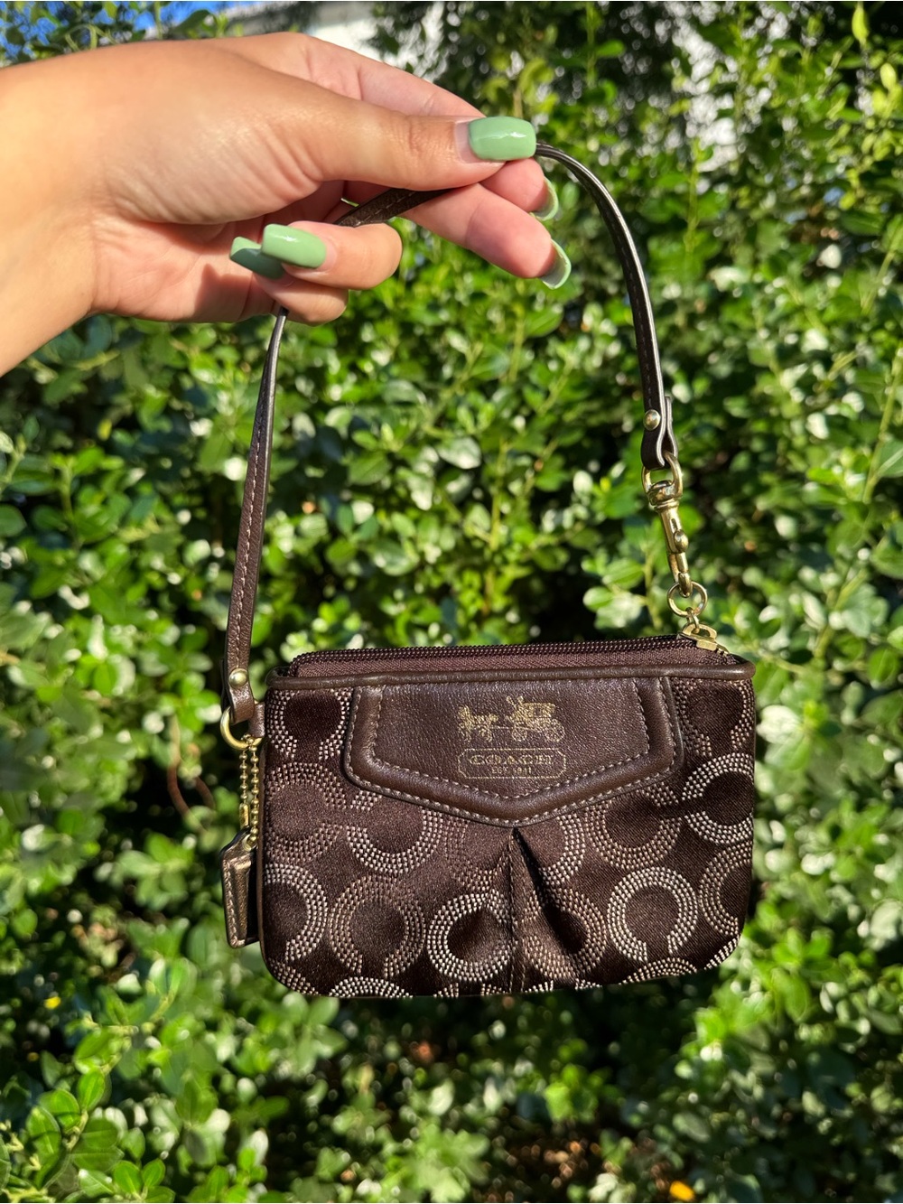 Coach Brown Signature Mini Wristlet with Gold Hardware
